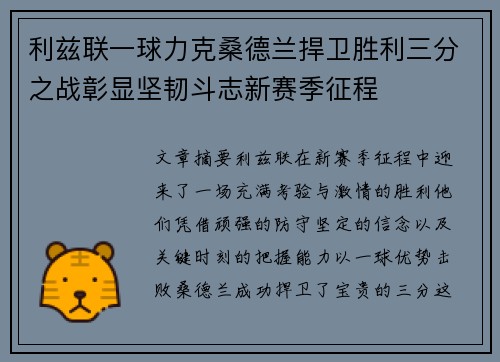 利兹联一球力克桑德兰捍卫胜利三分之战彰显坚韧斗志新赛季征程